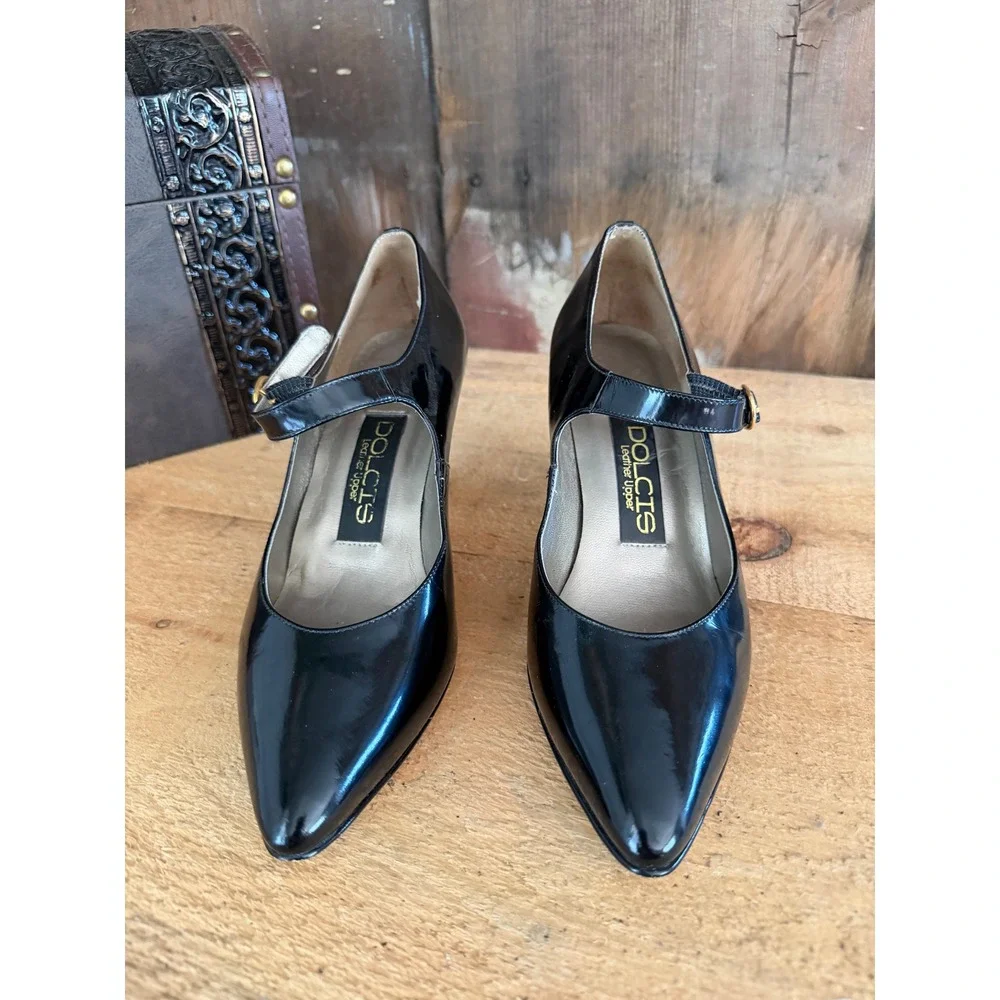 Vintage Dolcis London Maggie Black Patent Mary Jane Heels Pumps Leather 6.5M